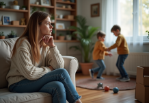 Maman pensive sur le canapé avec enfants jouant