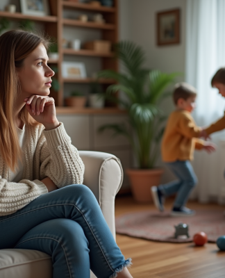 Maman pensive sur le canapé avec enfants jouant