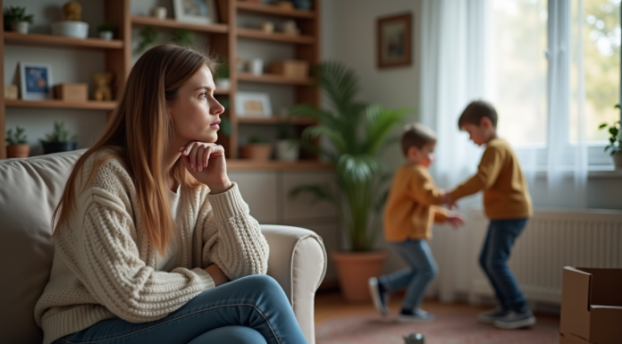 Maman pensive sur le canapé avec enfants jouant