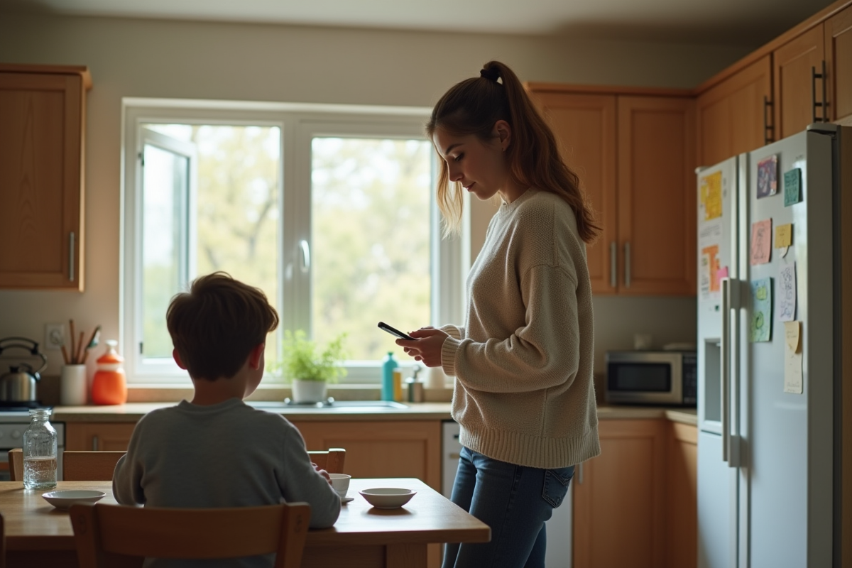 Mère regardant son fils sur son téléphone à la cuisine