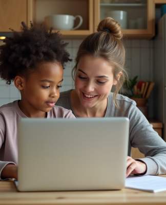 Maman aidant son enfant à faire ses devoirs à la maison