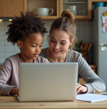 Maman aidant son enfant à faire ses devoirs à la maison
