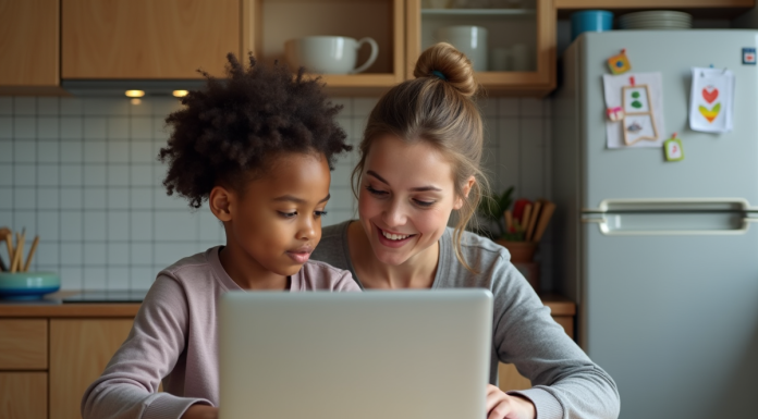 Maman aidant son enfant à faire ses devoirs à la maison