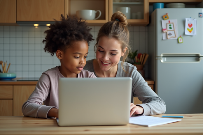 maman-travail-a-domicile Maman aidant son enfant à faire ses devoirs à la maison