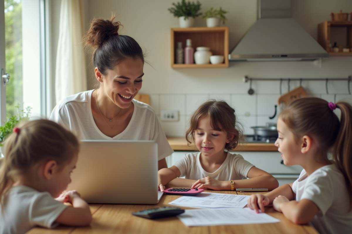 Maman travaillant sur un ordinateur avec ses enfants à la maison