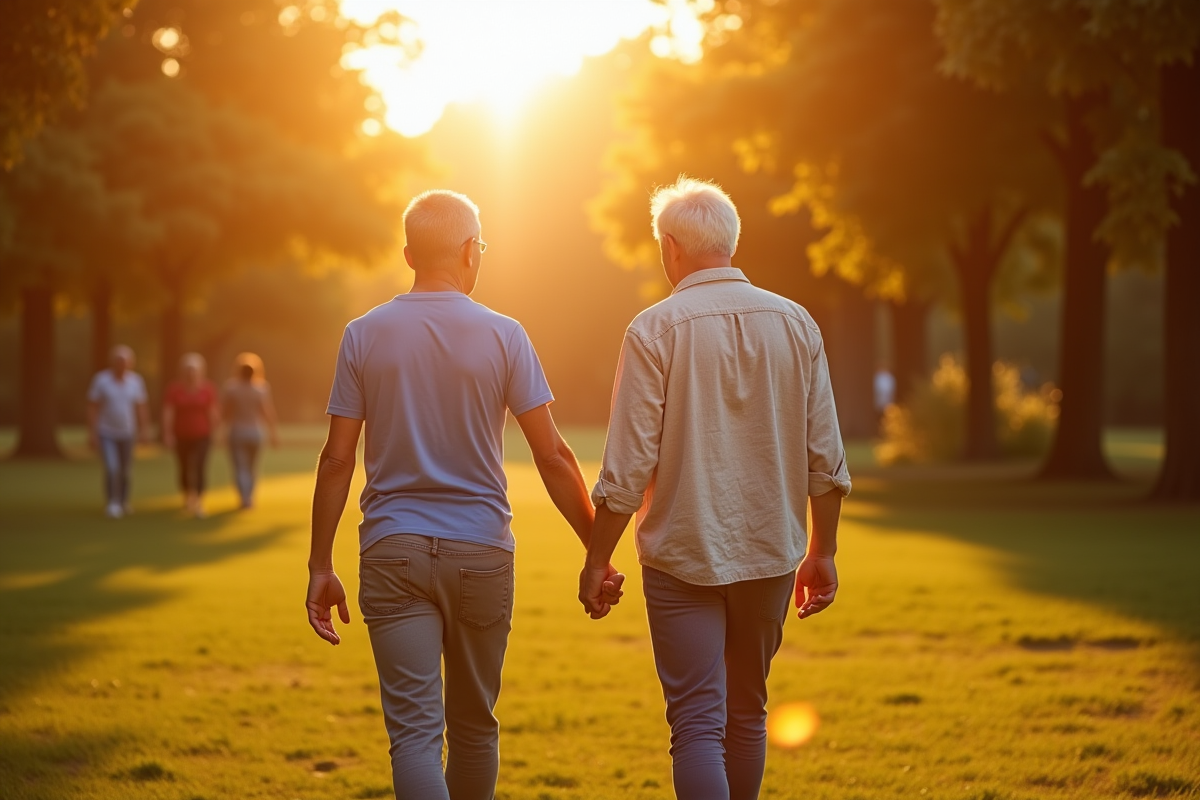 Couple marié marchant main dans la main dans un parc ensoleille