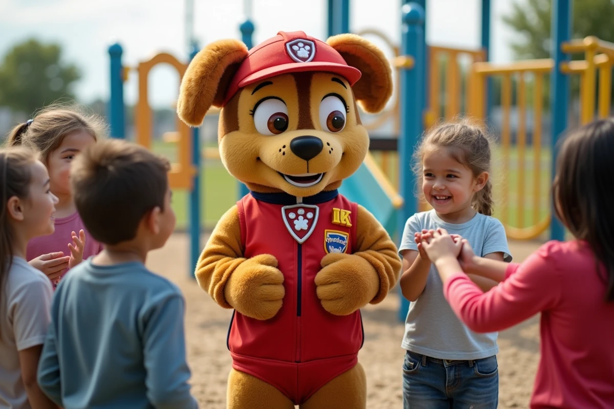 Mascotte Paw Patrol dans un parc avec enfants joyeux