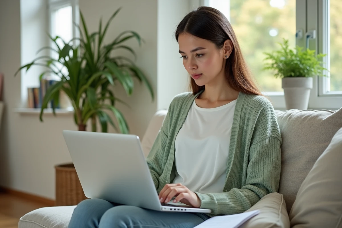 Jeune mère à domicile rédigeant un email officiel pour congé maternité allaitement depuis son salon