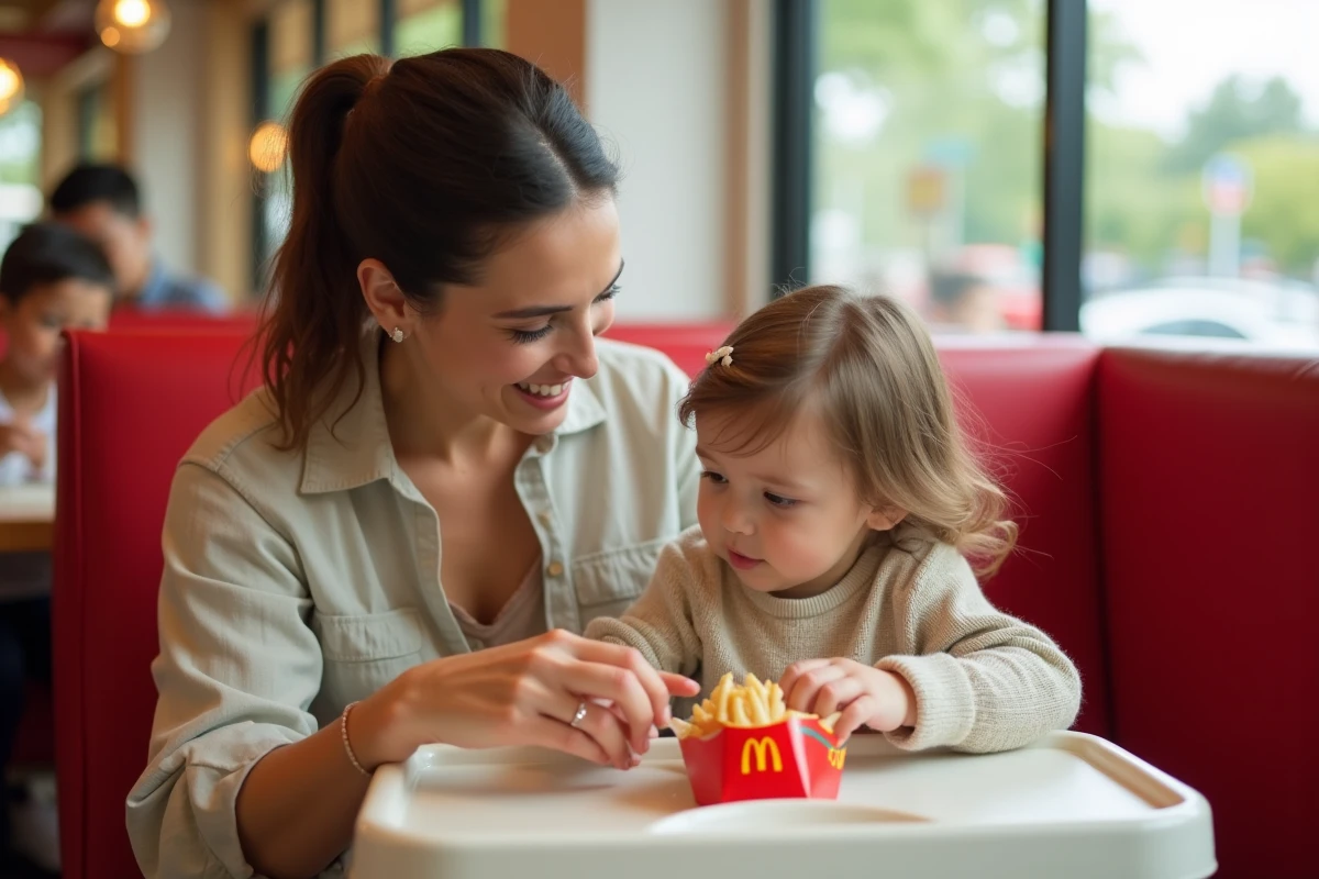 Mère et tout-petit partageant un moment d'anniversaire chez McDonald's