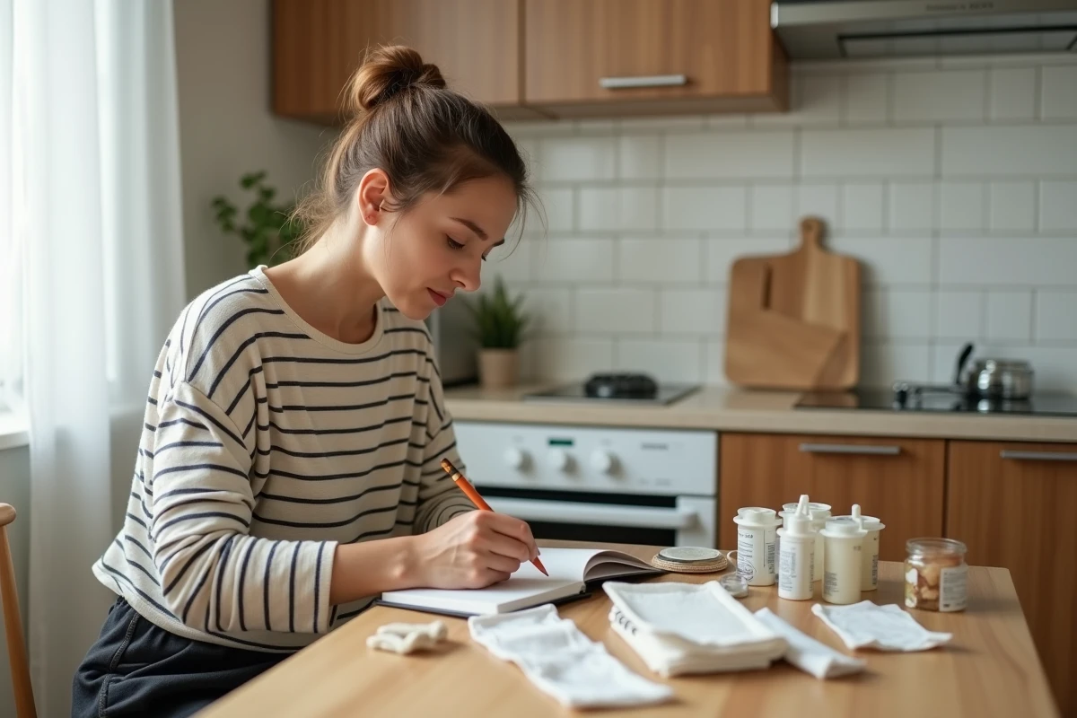 Mère de famille à sa table de cuisine entourée d'échantillons gratuits bébé en train de planifier son budget familial dans un carnet