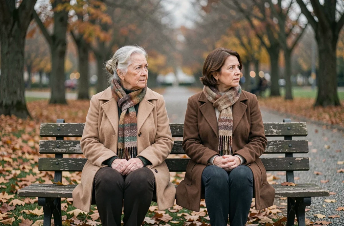 Mère âgée et fille adulte assises côte à côte sur un banc de parc en automne, regardant dans des directions opposées, illustrant la distance émotionnelle et la difficulté à communiquer entre une mère et sa fille adulte