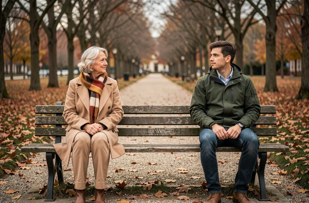 Mère et fils adulte assis aux deux extrémités d'un banc de parc en automne, sans se regarder, illustrant le silence et la distance émotionnelle dans leur relation