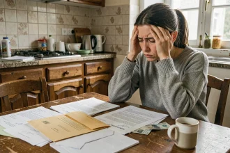 Femme isolée stressée face à des documents administratifs CAF sur une table de cuisine modeste