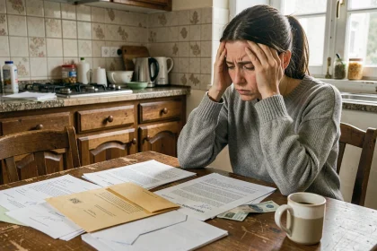 Femme isolée stressée face à des documents administratifs CAF sur une table de cuisine modeste