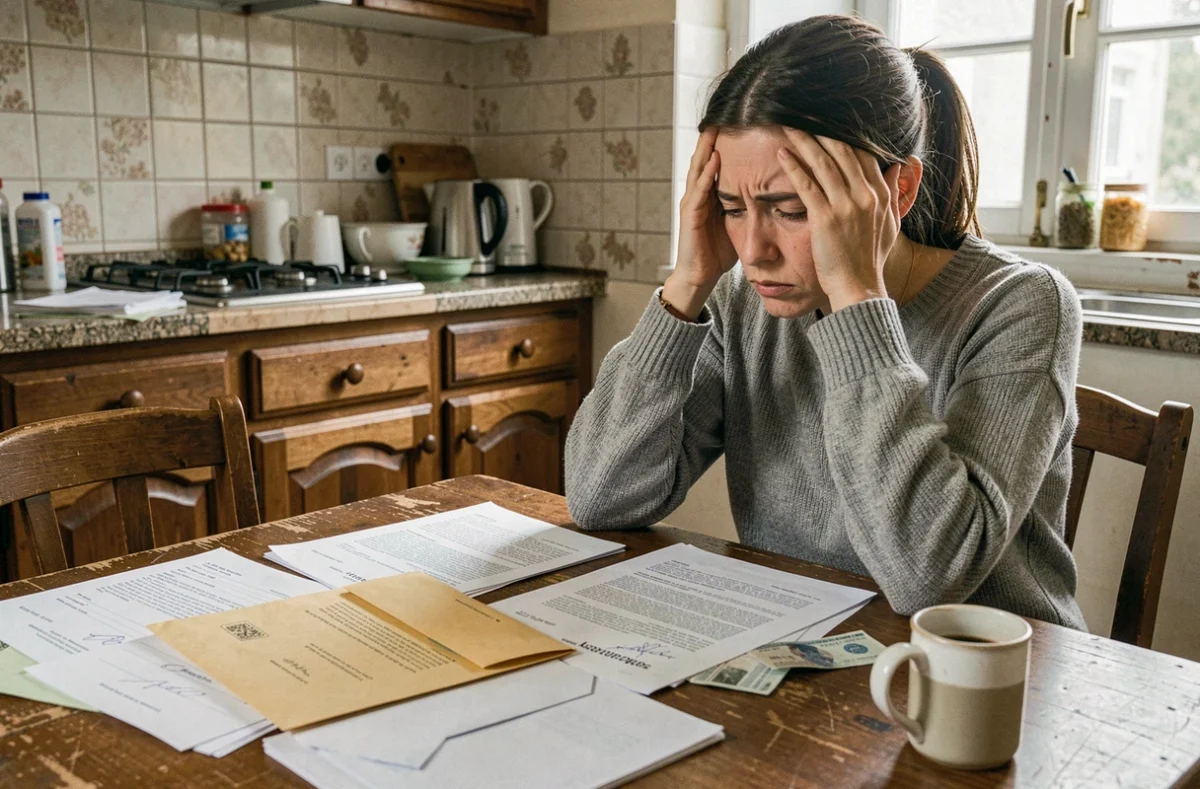 Femme isolée stressée face à des documents administratifs CAF sur une table de cuisine modeste