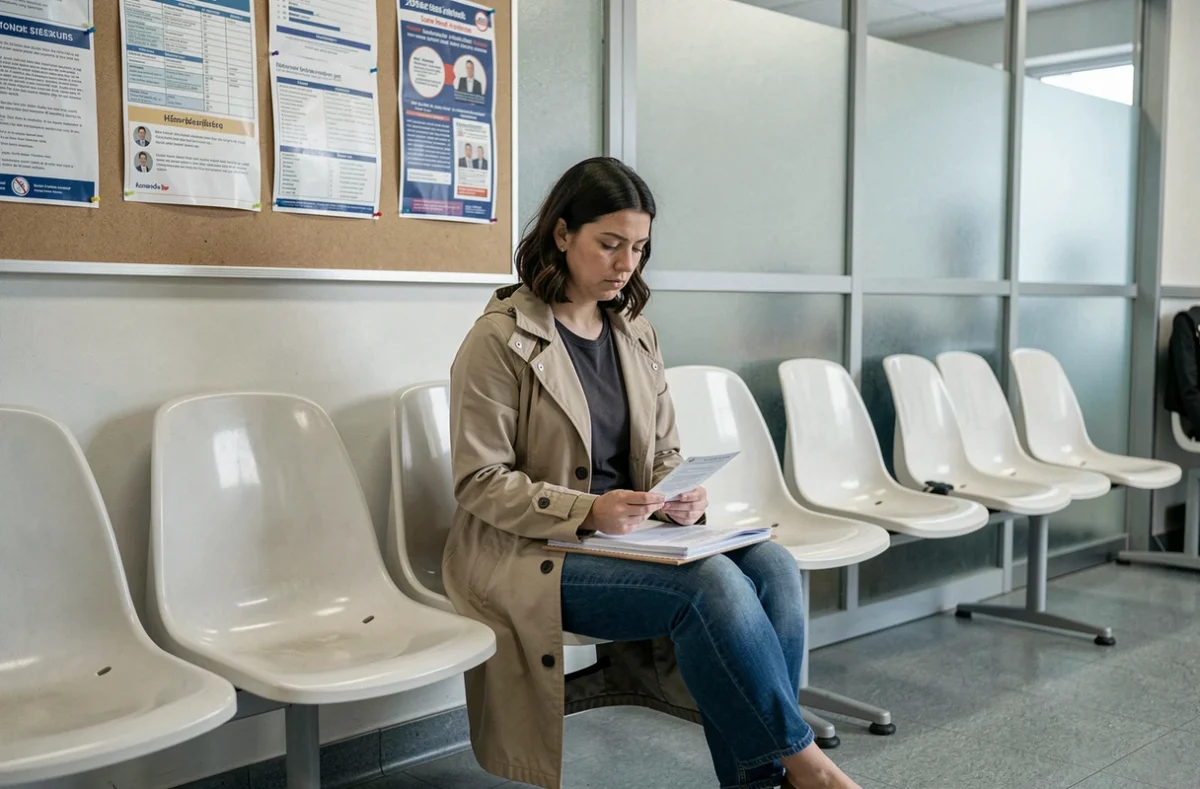 Mère isolée en salle d'attente d'un service social tenant un dossier CAF avec une expression inquiète