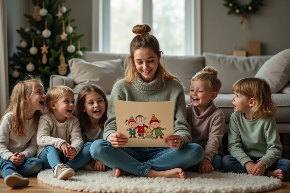 Une mère lit une lettre de lutin farceur à ses cinq enfants assis sur le sol du salon décoré pour les fêtes