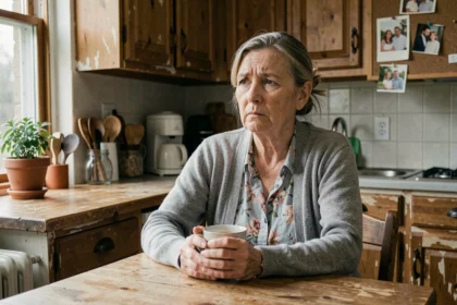 Femme âgée seule dans sa cuisine, tenant une tasse de thé et regardant par la fenêtre d'un air pensif, illustrant la solitude et l'absence de contact avec sa fille adulte