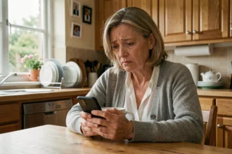 Mère d'une cinquantaine d'années assise seule dans sa cuisine, regardant son téléphone avec une expression inquiète et pensive, illustrant la rupture de communication avec un fils adulte