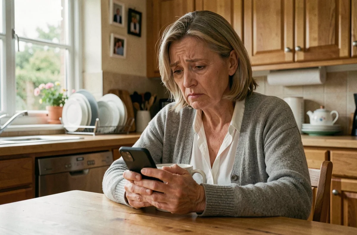 Mère d'une cinquantaine d'années assise seule dans sa cuisine, regardant son téléphone avec une expression inquiète et pensive, illustrant la rupture de communication avec un fils adulte