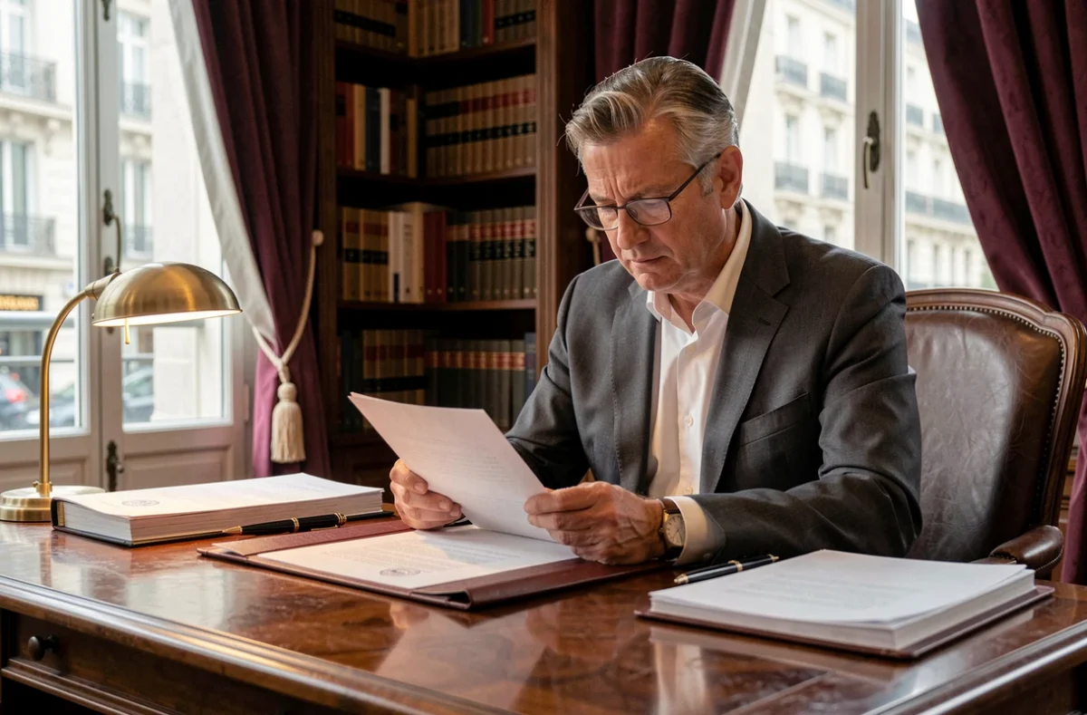 Notaire français examinant des documents de divorce dans un bureau juridique traditionnel à Paris
