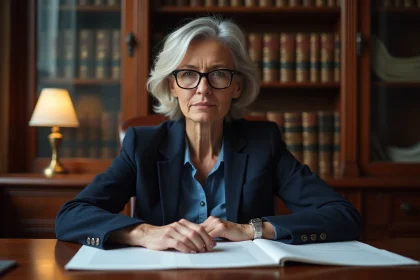 Femme notaire examinant un testament dans un bureau notarial classique à Paris