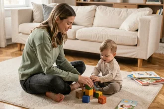 Jeune nounou assise sur un tapis de salon jouant avec un bébé qui empile des cubes en bois colorés dans un intérieur moderne et chaleureux