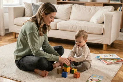 Jeune nounou assise sur un tapis de salon jouant avec un bébé qui empile des cubes en bois colorés dans un intérieur moderne et chaleureux