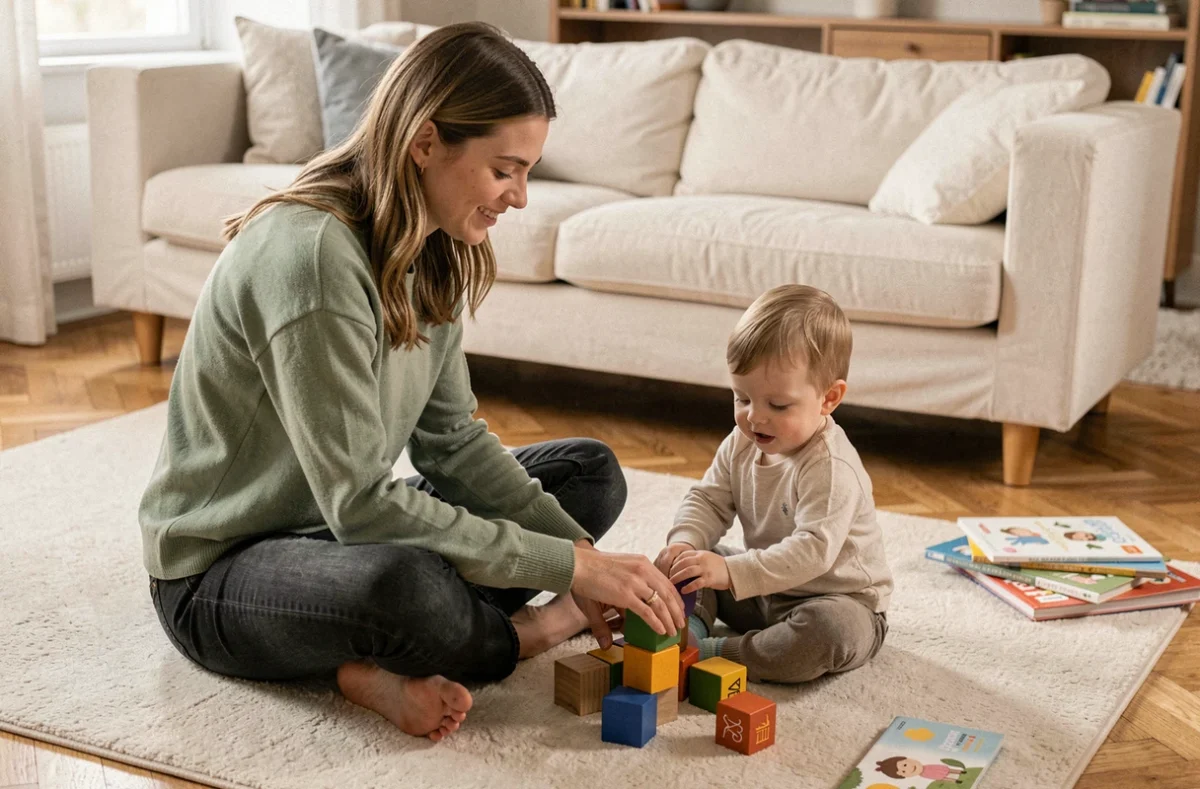 Jeune nounou assise sur un tapis de salon jouant avec un bébé qui empile des cubes en bois colorés dans un intérieur moderne et chaleureux