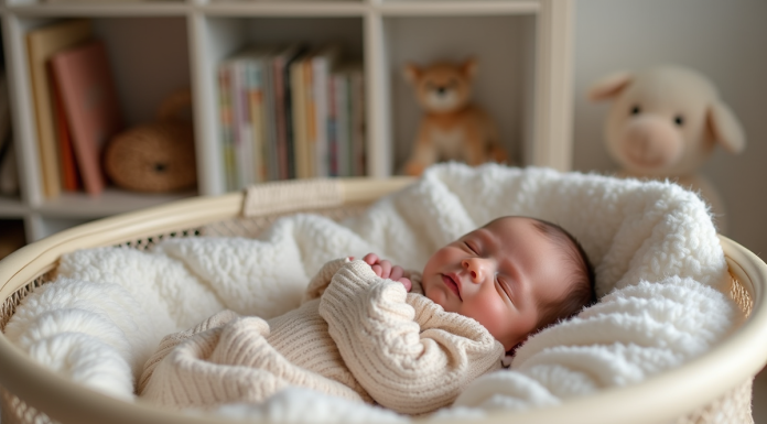 Nourrisson endormi dans une bassinet moderne dans une nurserie chaleureuse