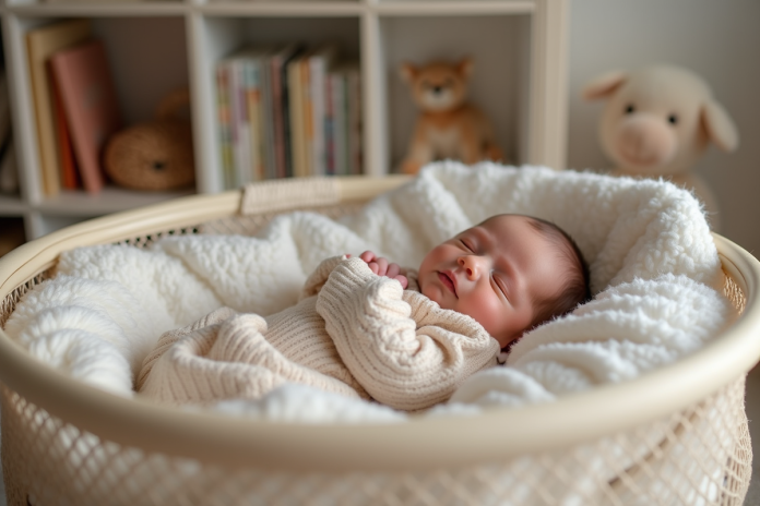 nourrisson-dodo-bassinette Nourrisson endormi dans une bassinet moderne dans une nurserie chaleureuse