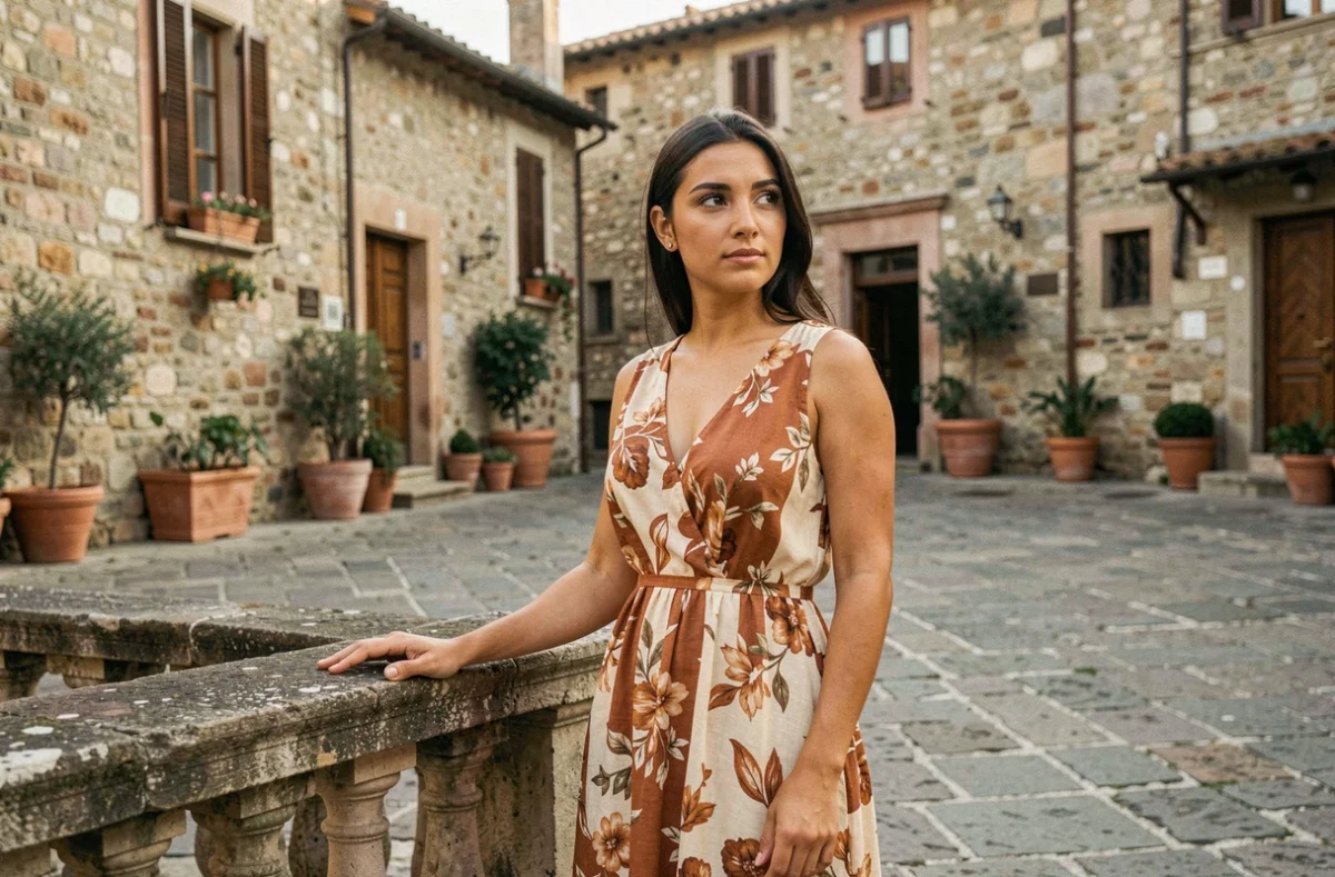 Femme aux origines italiennes en robe florale dans une piazza rustique italienne avec pavés et murs en pierre ancienne