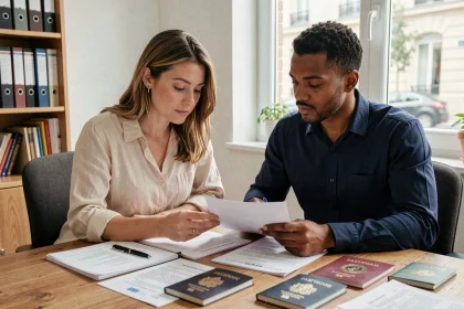 Couple mixte examinant des documents administratifs pour un PACS avec un ressortissant étranger en France
