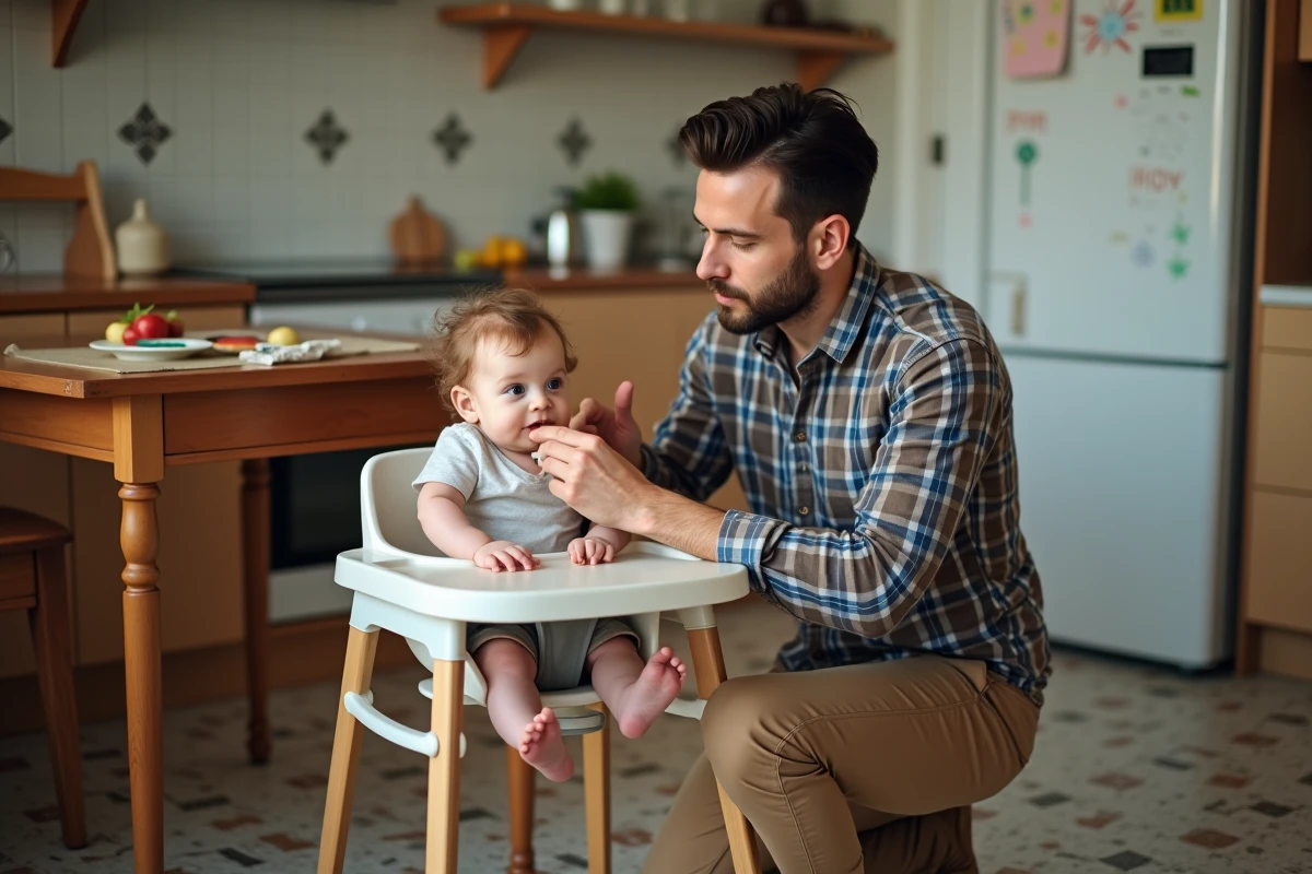Papa donne à manger à sa fille dans la cuisine chaleureuse