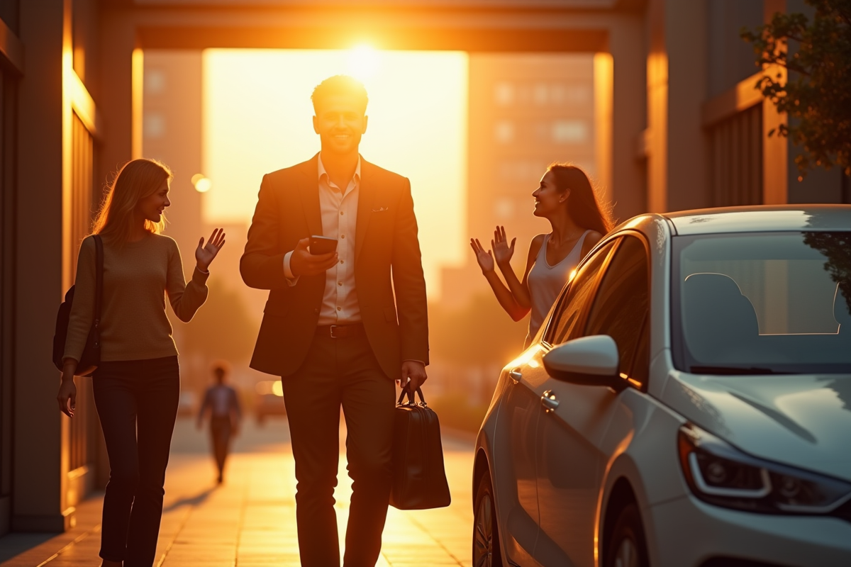 Pere quittant son bureau au coucher du soleil avec sa famille