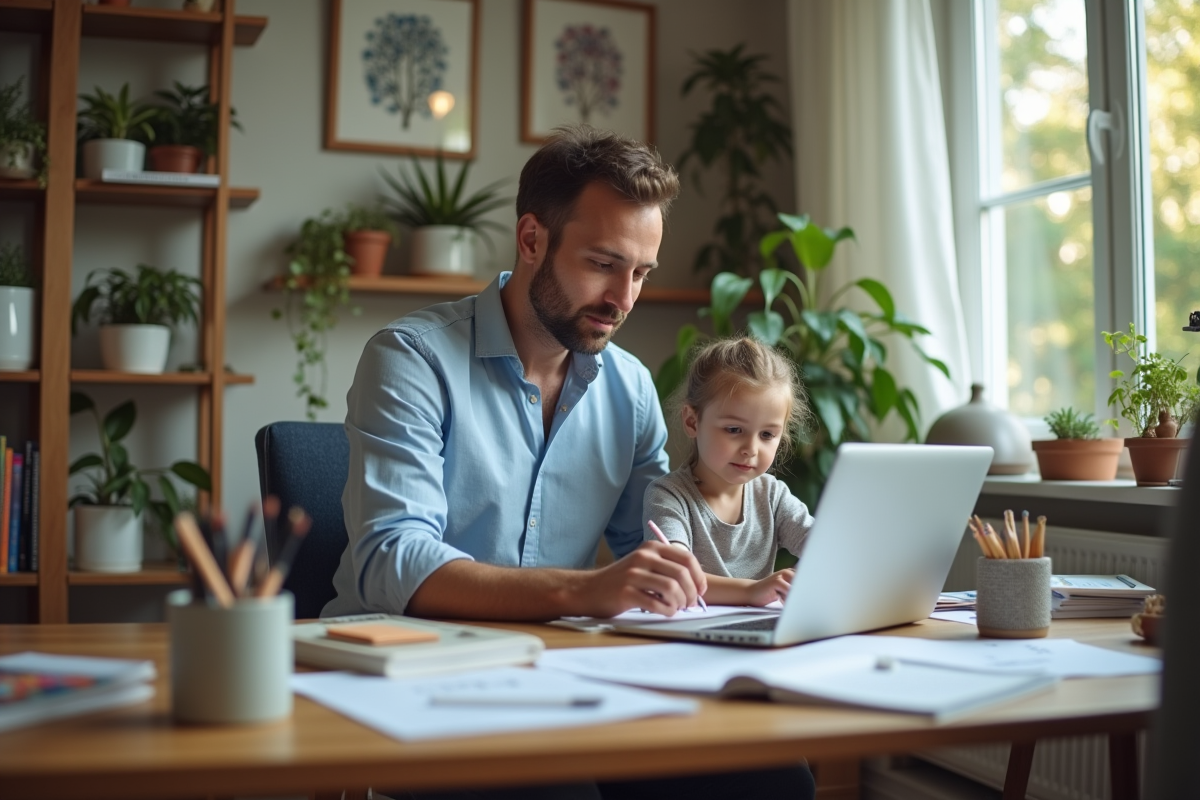 Pere et fille travaillant dans un bureau à domicile