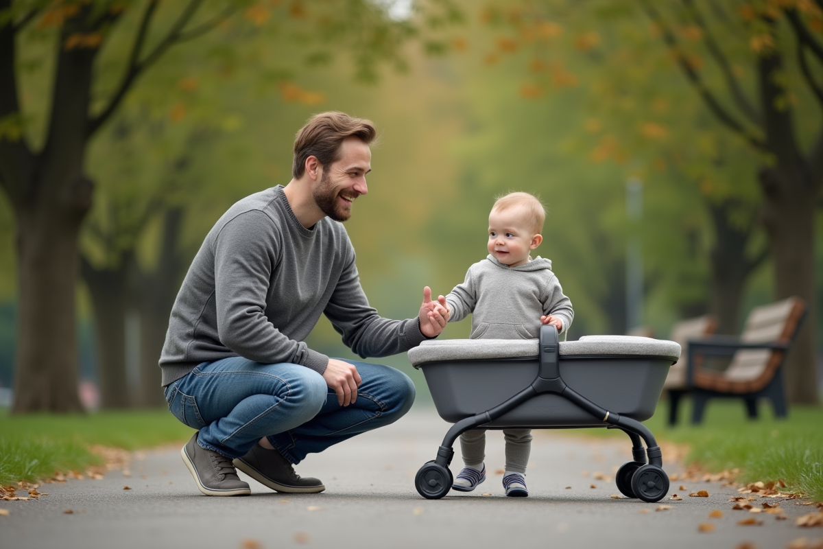 Père aidant son enfant à se tenir debout dans un parc