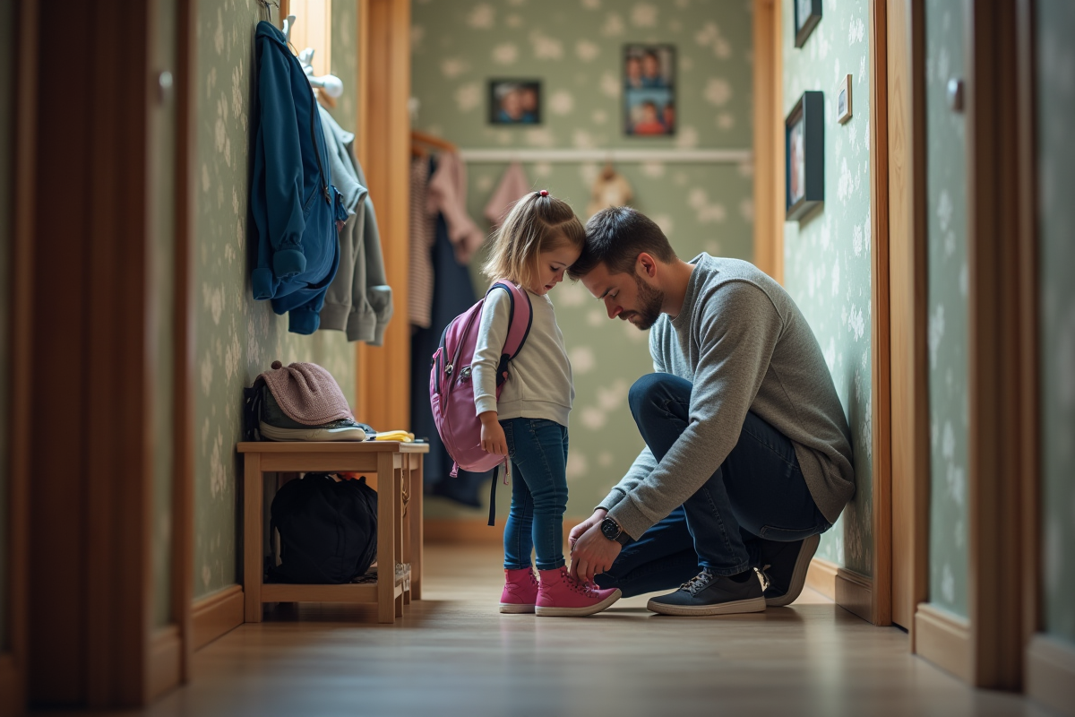 Papa attachant les chaussures de sa fille dans le couloir