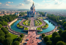 Vue aérienne du parc Disneyland Paris ensoleillé avec foule et attractions