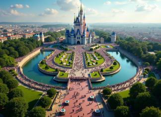 Vue aérienne du parc Disneyland Paris ensoleillé avec foule et attractions