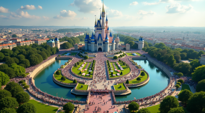 Vue aérienne du parc Disneyland Paris ensoleillé avec foule et attractions