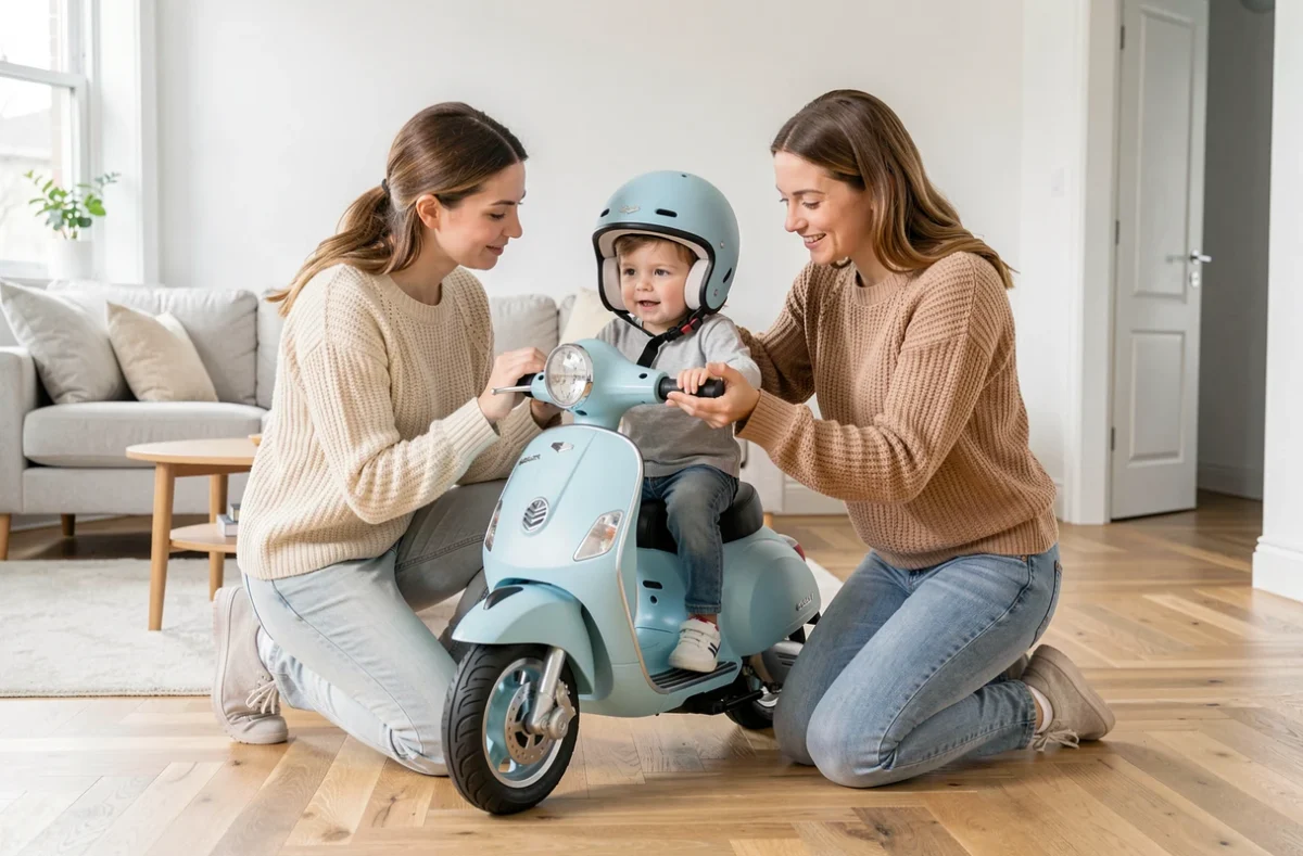 Parent ajustant le casque de sécurité d'un bébé sur un scooter électrique bleu style Vespa dans un salon