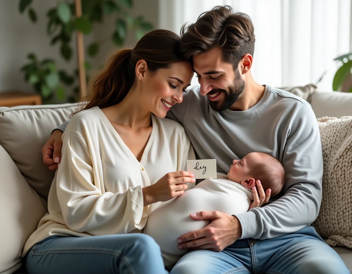 Couple de jeunes parents tenant leur nouveau-né endormi dans leurs bras avec une carte de remerciement pour cadeau de naissance posée sur le canapé