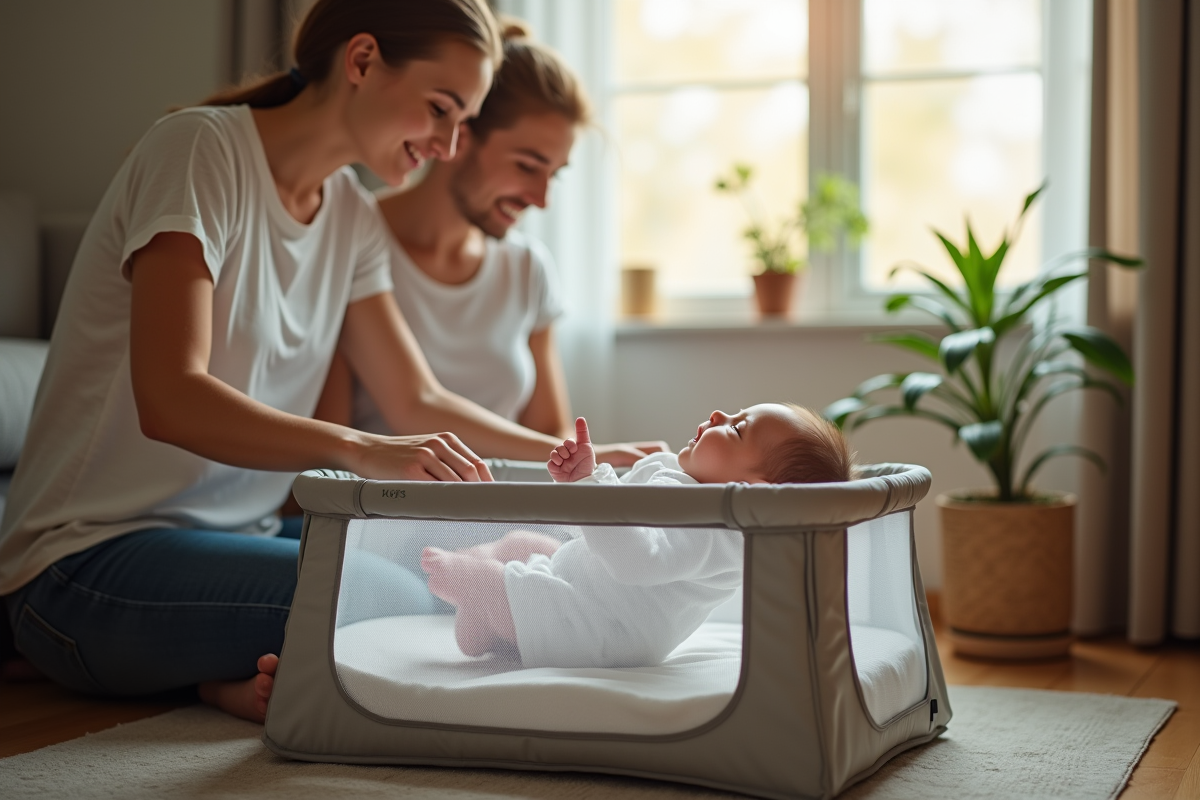 Parents déposant leur bébé dans un berceau portable près d