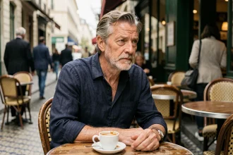Portrait d'un homme discret d'une cinquantaine d'années attablé dans un café parisien, illustrant la vie privée du père d'Adèle Exarchopoulos
