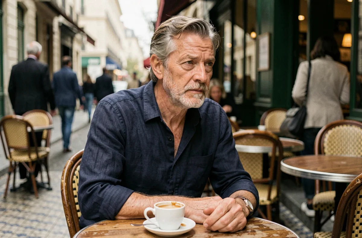 Portrait d'un homme discret d'une cinquantaine d'années attablé dans un café parisien, illustrant la vie privée du père d'Adèle Exarchopoulos