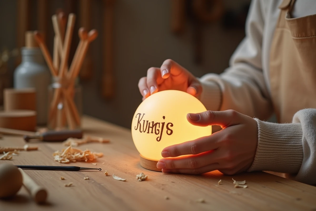 Personnalisation artisanale d'une veilleuse Montessori par un parent avec des outils en bois sur un établi