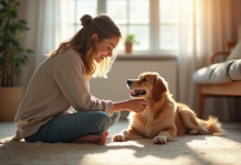 Personne souriante jouant avec un chien dans le salon