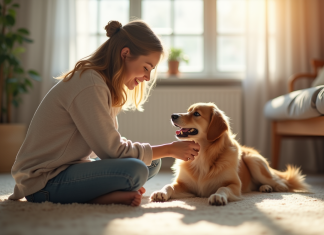 Personne souriante jouant avec un chien dans le salon