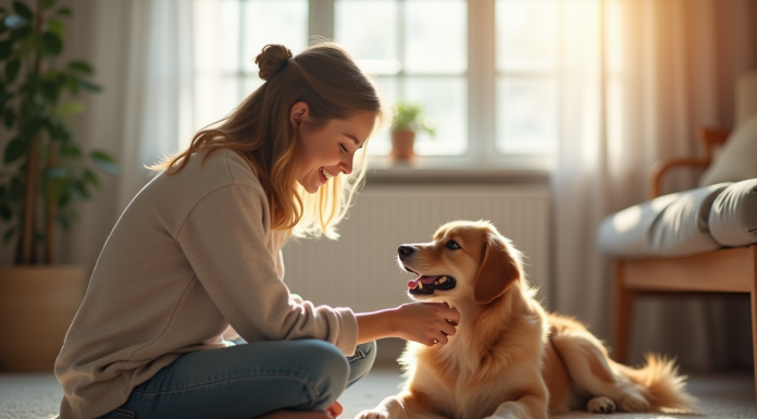 Personne souriante jouant avec un chien dans le salon